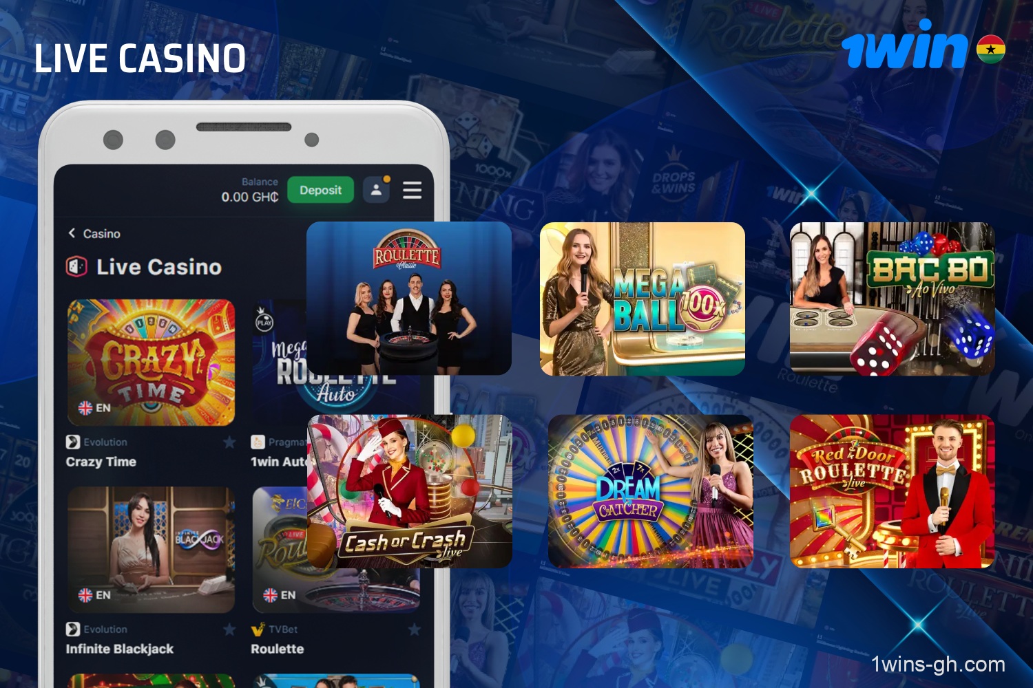To access live dealer games, Ghanaian players need to click on the Live Casino tab in the top navigation menu of the 1win platform