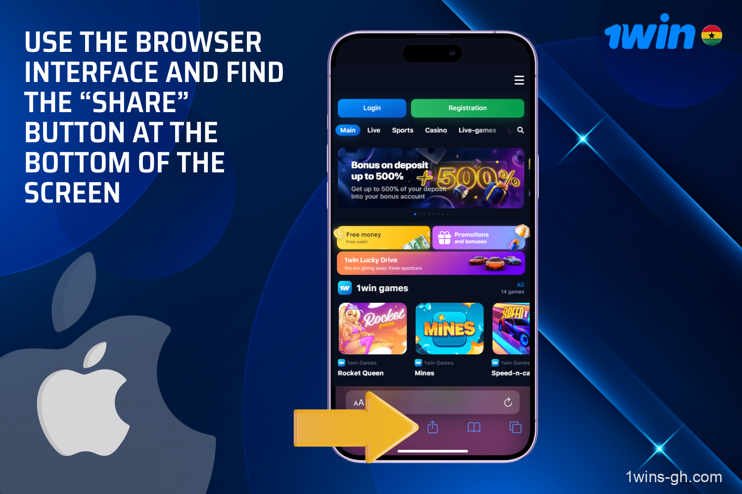 To download the 1win app for iOS, players from Ghana should find the "Share" button at the bottom of the screen