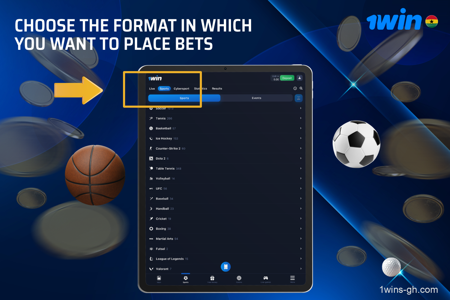 To start betting at 1win, Ghanaian players must choose a betting format - pre-match or live events that have already commenced