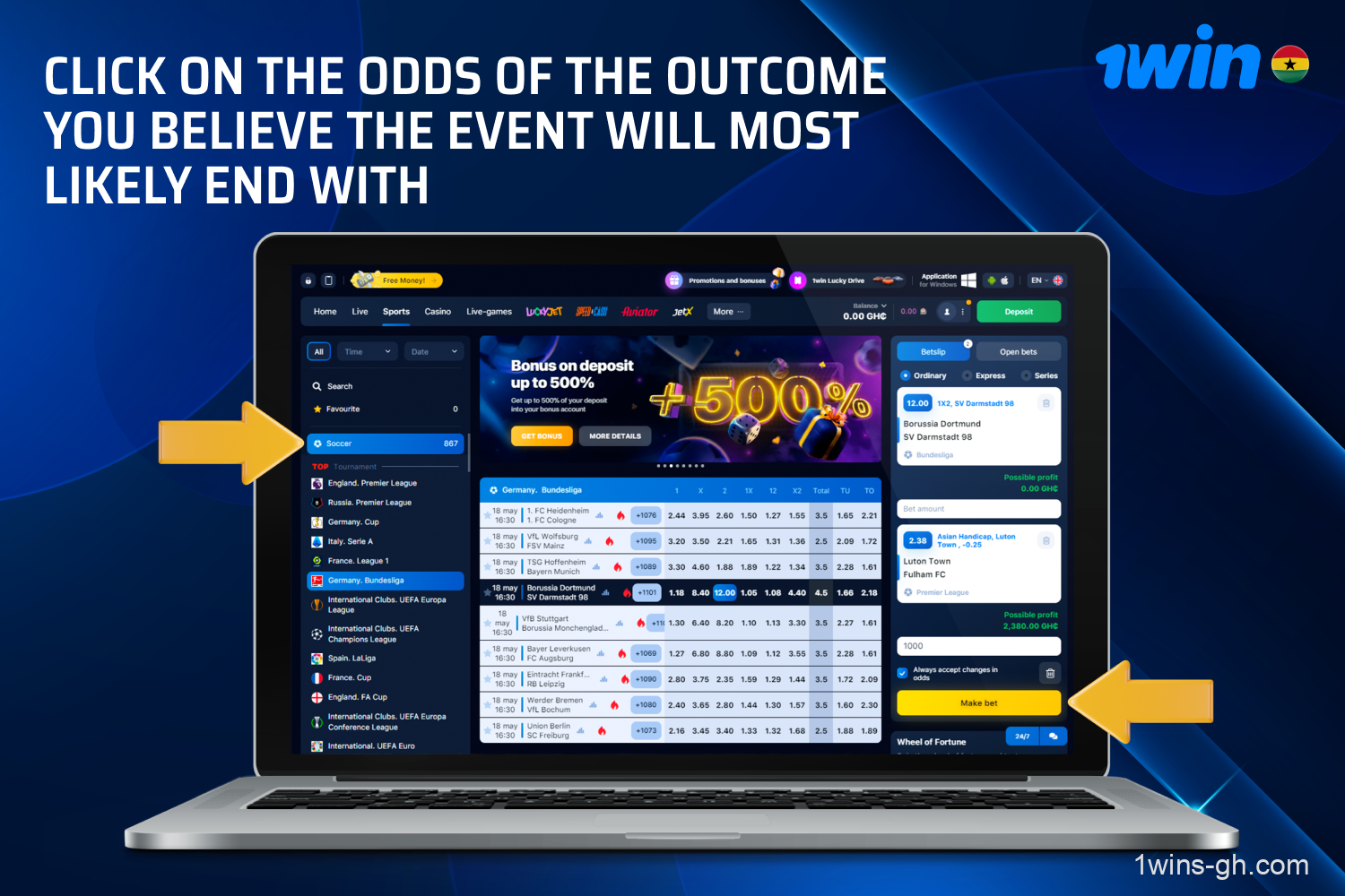 To start betting at 1win, Ghanaian punters should click on the odds of the outcome they think the event is likely to end in