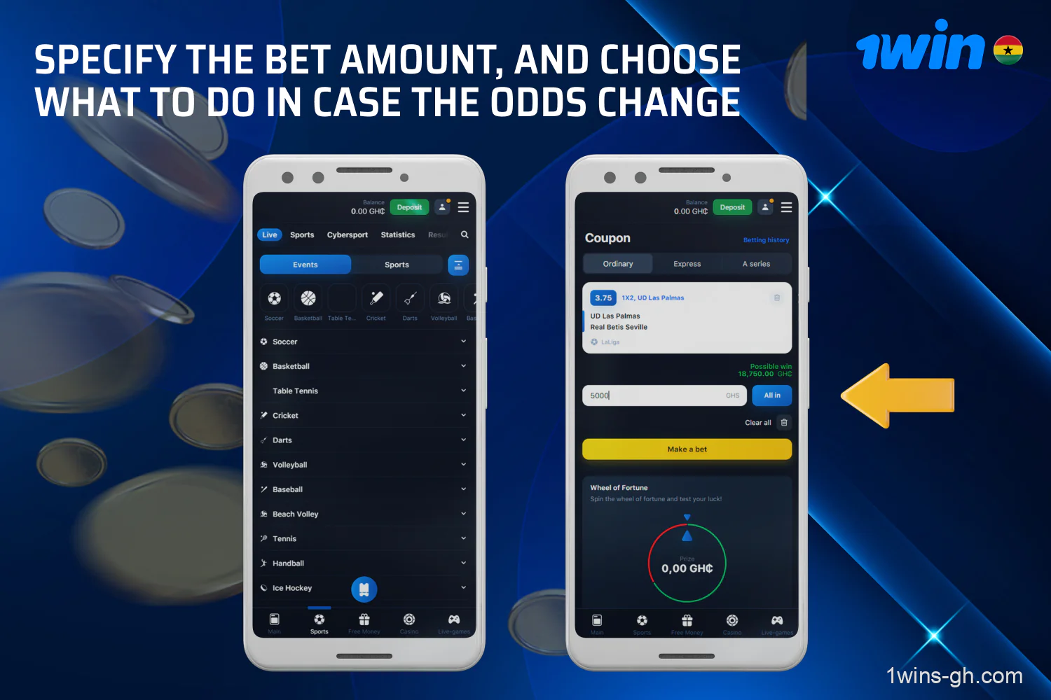 To start betting at 1win, Ghanaian punters should specify the bet amount and also choose what to do in case the odds change