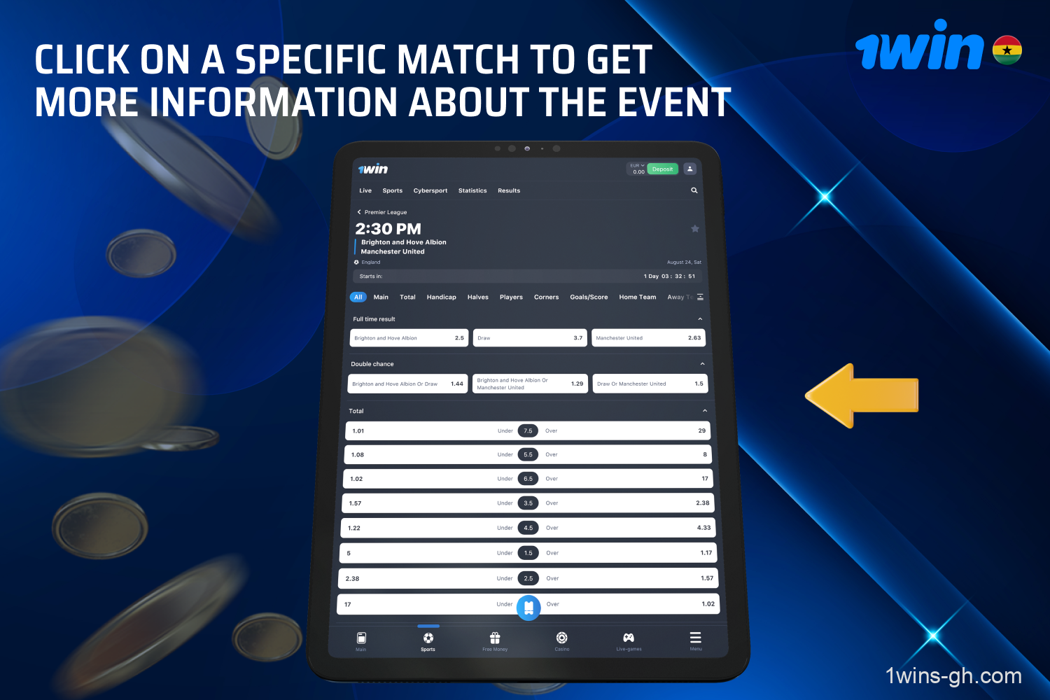 To start betting at 1win, players from Ghana must select a specific match to get more details about the event