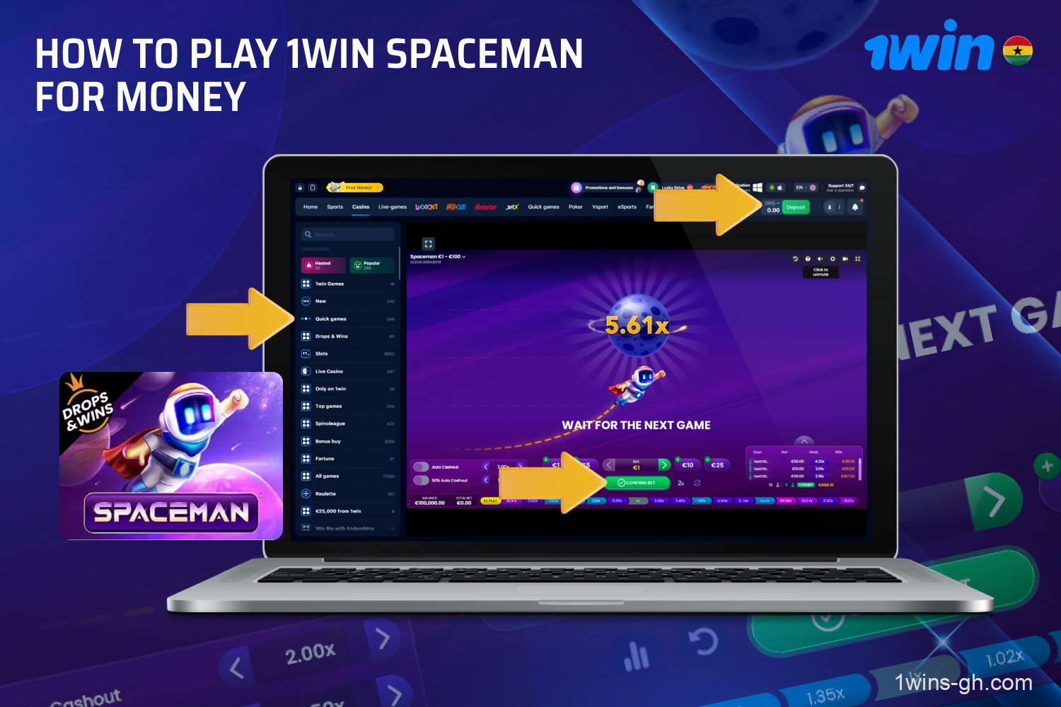 Simple instructions for Ghanaian players to get started playing Spaceman 1win for real money