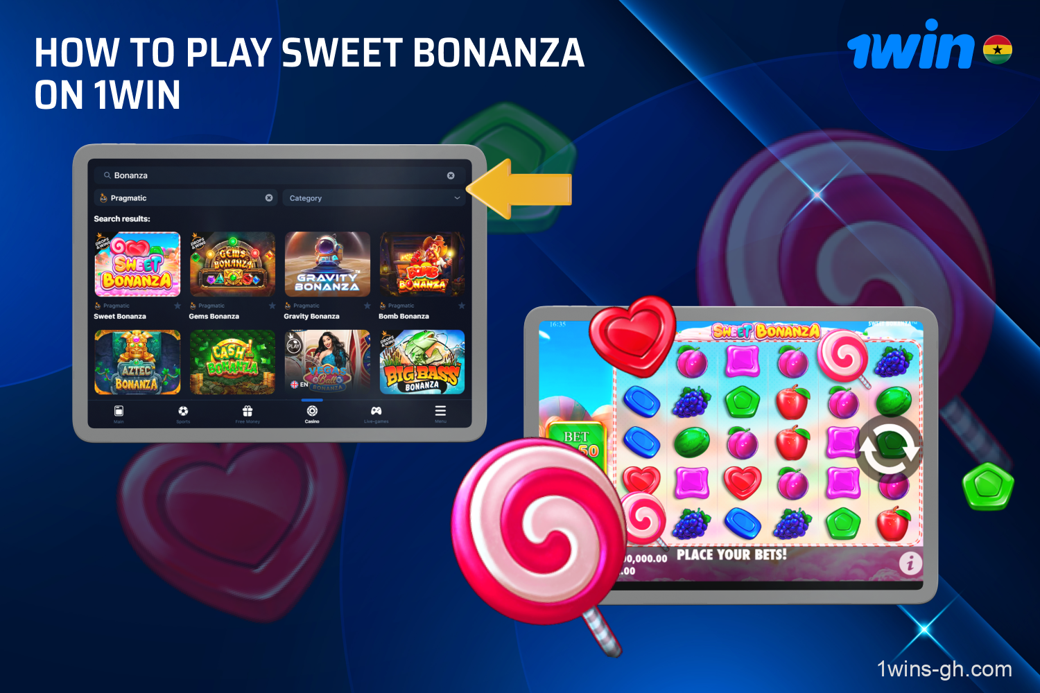 Step by step instructions on how to start playing Sweet Bonanza on 1win