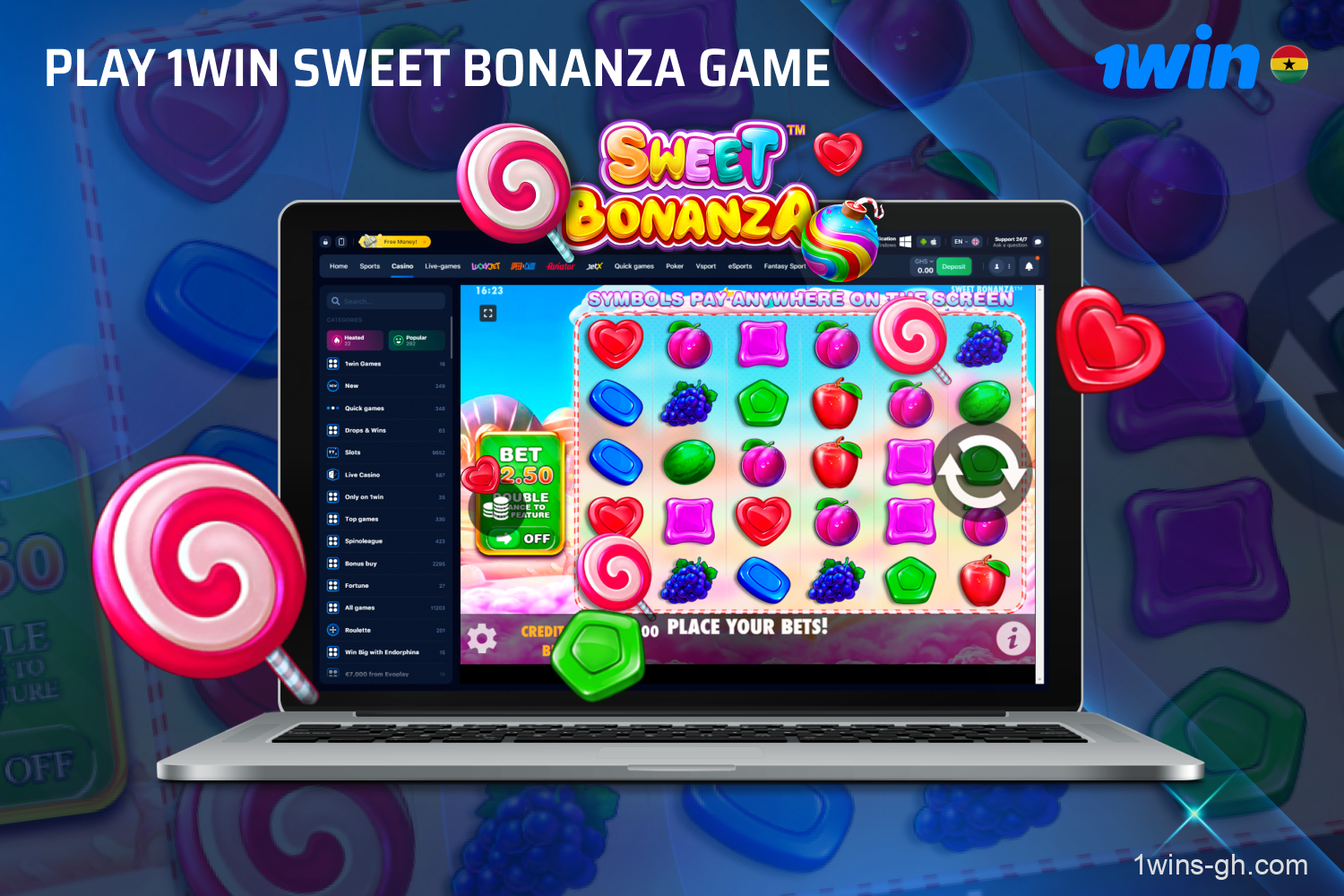 Sweet Bonanza is a popular slot among Ghanaian players at 1win