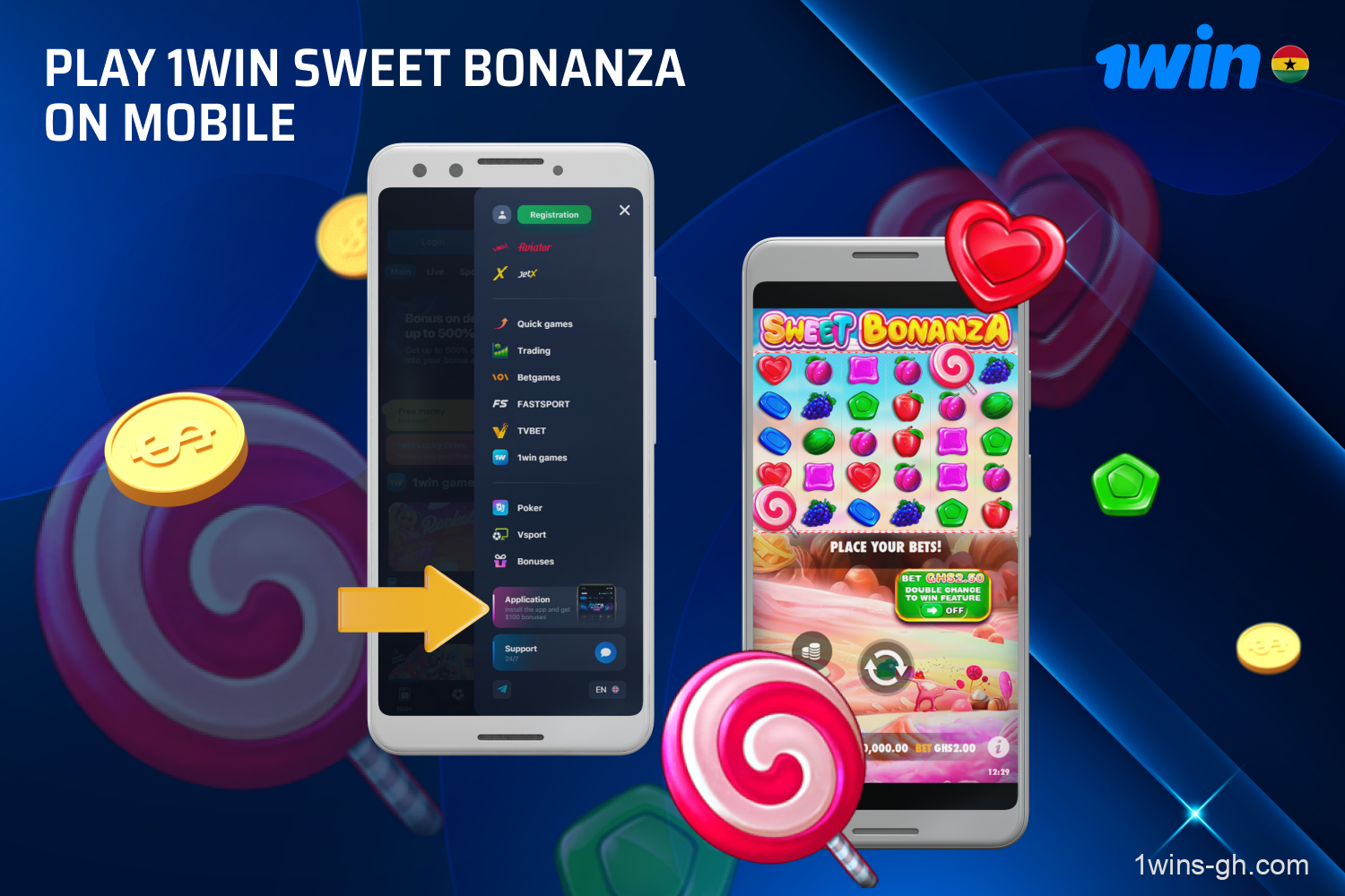 Ghanaian players can download the 1win app for free and enjoy Sweet Bonanza on their mobiles