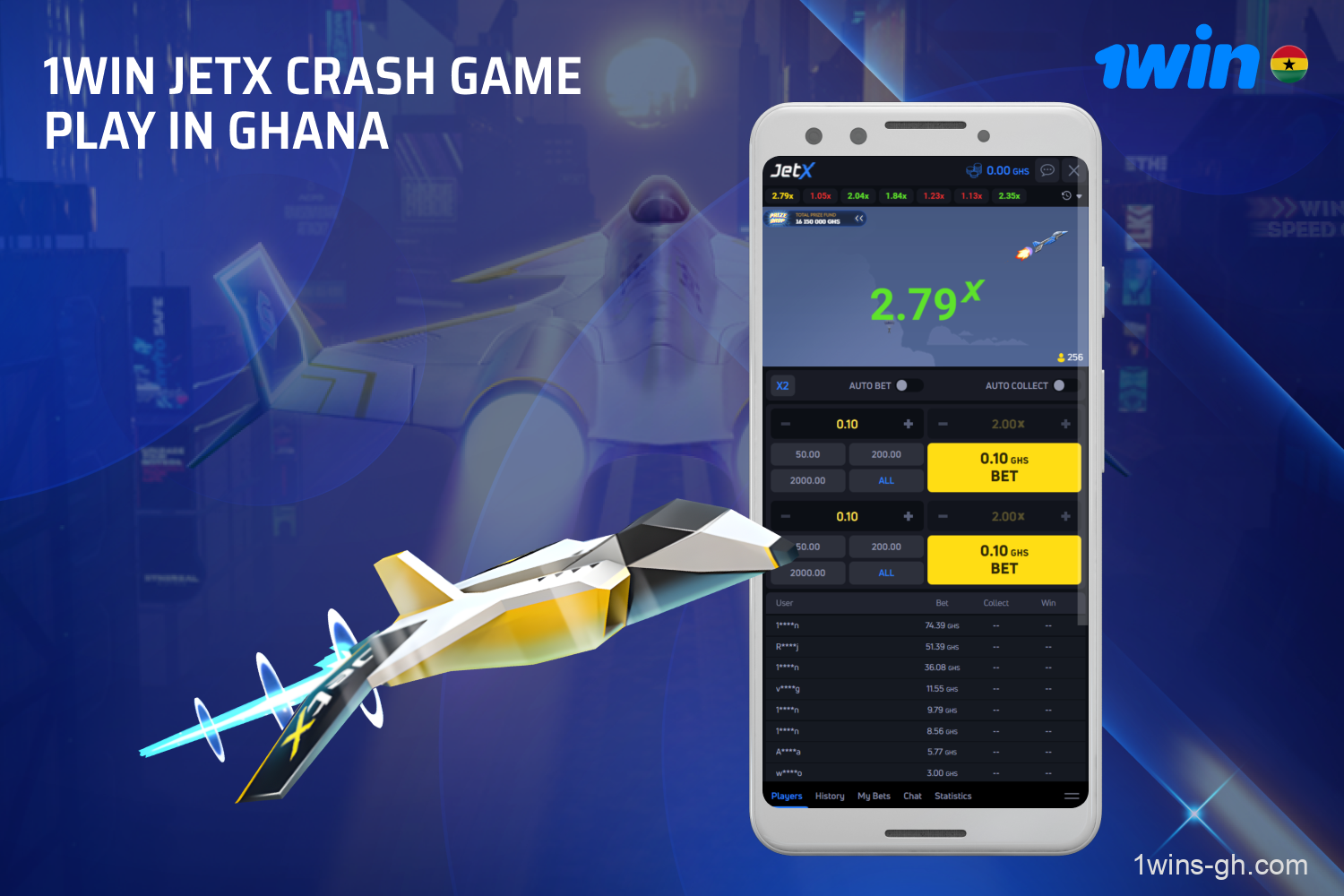 The popular JetX crash game at 1win Casino Ghana with multipliers of up to 25,000x and a bonus of up to +500% on your first four deposits