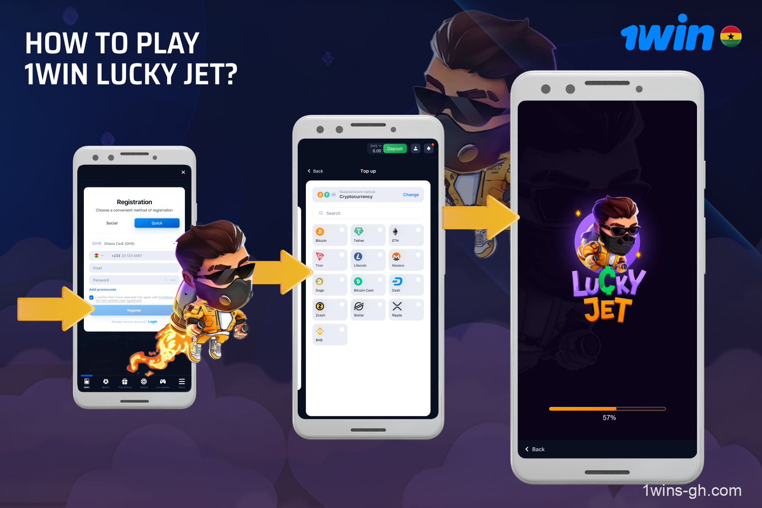 To play at 1win Lucky Jet, Ghanaian players need to register, make a deposit, find the game under the Casino tab, place a bet and cash out their winnings before the plane crashes