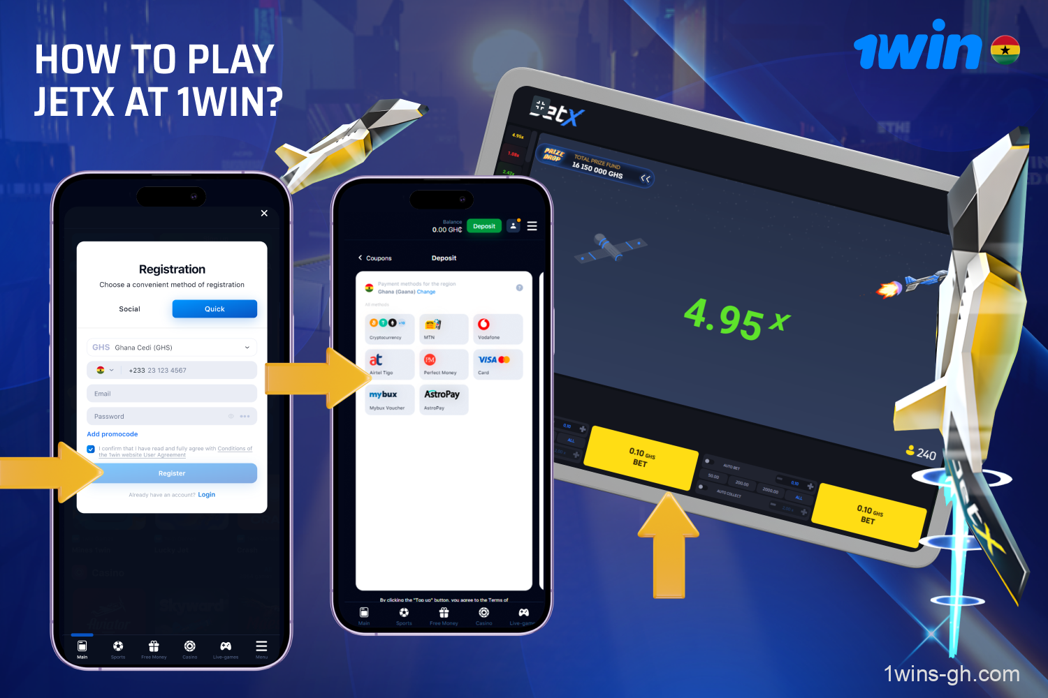 To play JetX at 1win Ghana, register, top up, find the game in the Casino section and place your bets