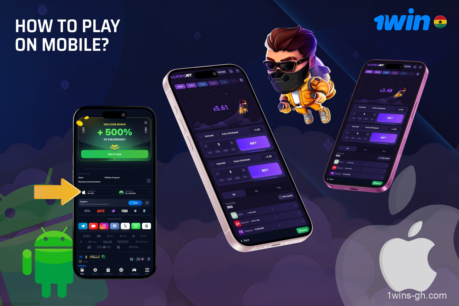 Ghanaian players can download the 1win mobile app for Android and iOS and play Lucky Jet on the go