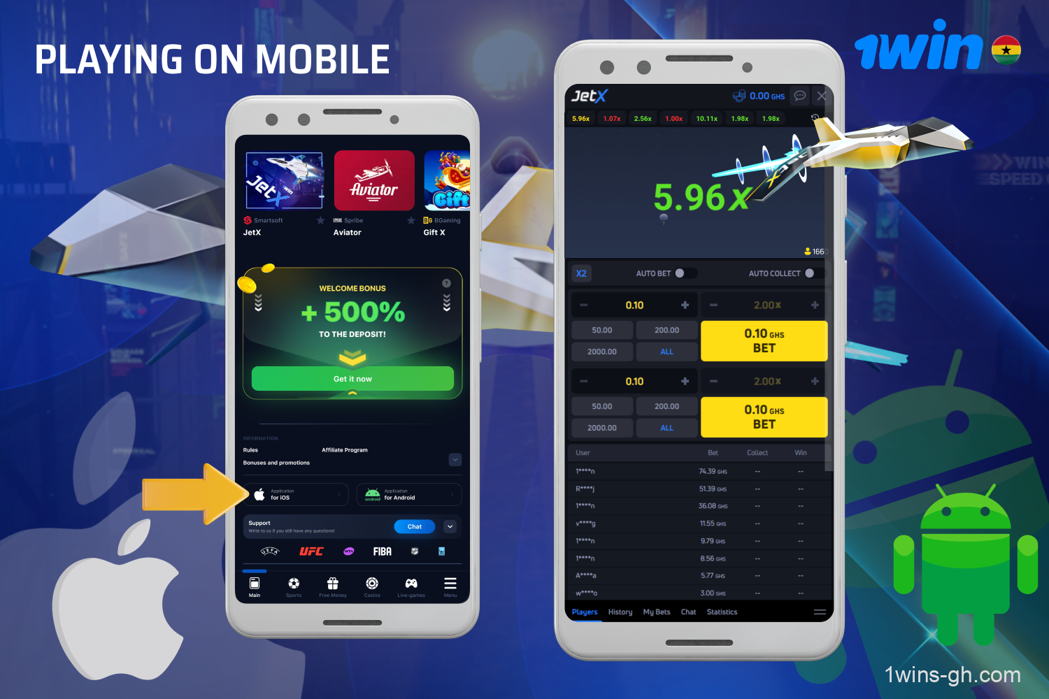 Play JetX on the go via 1win's mobile app for iOS and Android, which is easy to install from the website's homepage