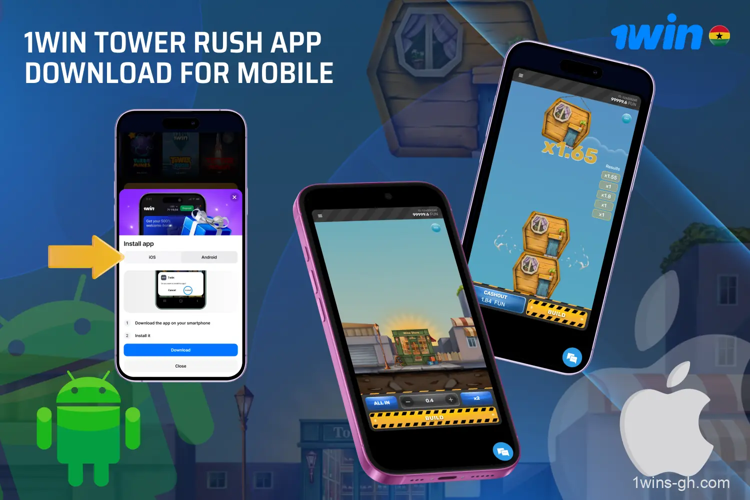 Players in Ghana can download the 1win mobile app for Android and iOS to play Tower Rush.