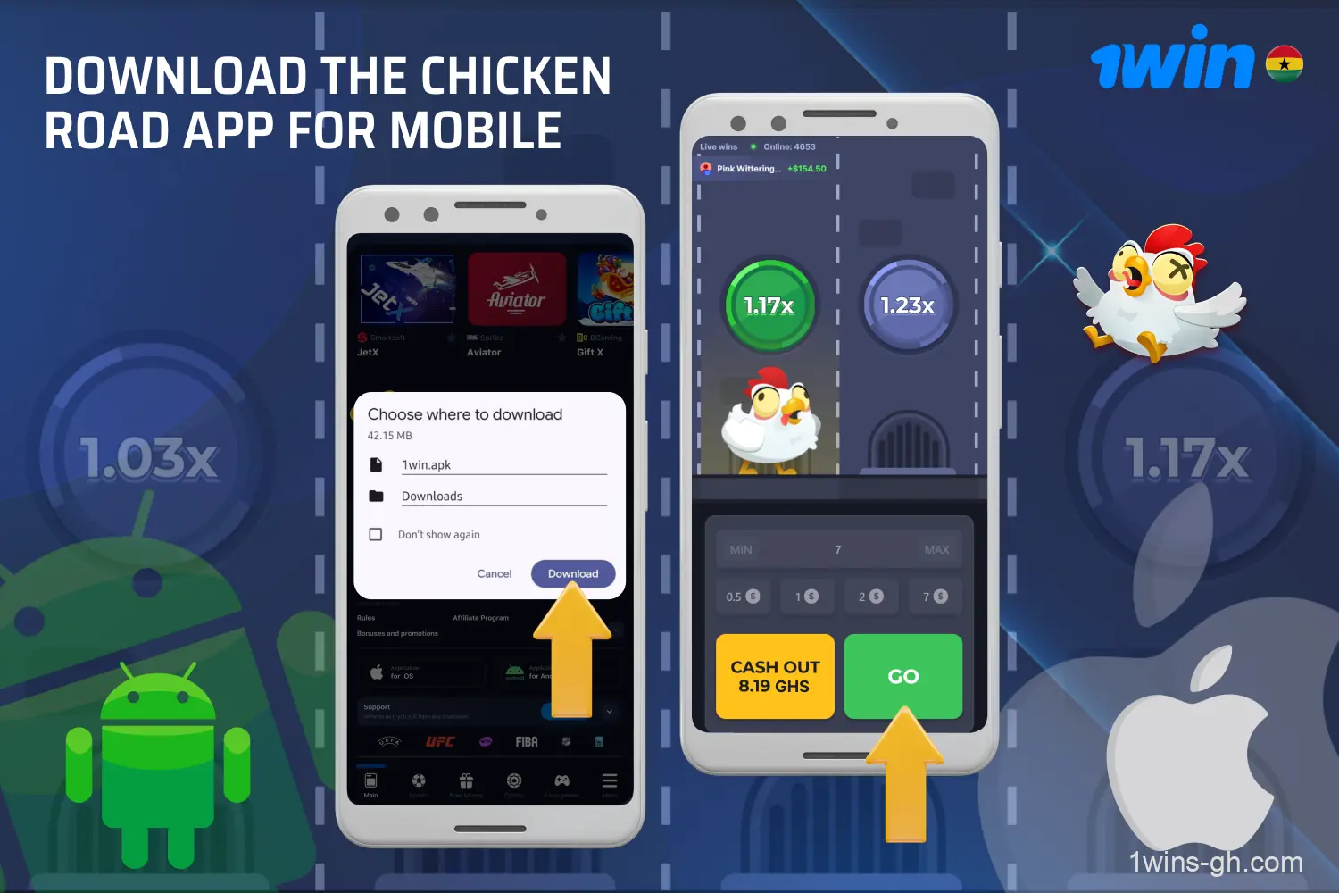In Ghana, players can download the 1win mobile app on Android or iOS to play Chicken Road on their smartphone