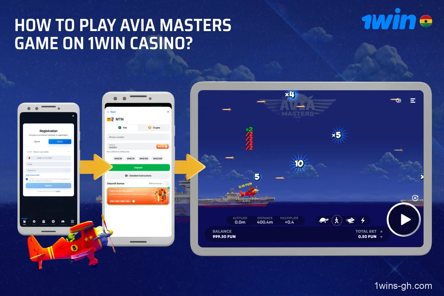 To start playing Avia Masters at 1win, players from Ghana need to create an account, top up their balance, find the game in the casino section, and start a round by specifying their bet and speed