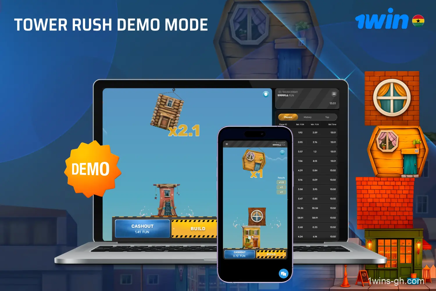 The demo mode of 1win Tower Rush allows players in Ghana to try out the game mechanics for free, explore the bonus floors, and practise without any risk